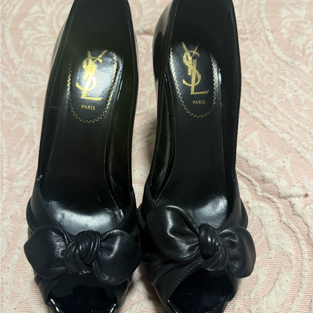 Yves Saint Laurent Black Peep Toe Heels with Bow